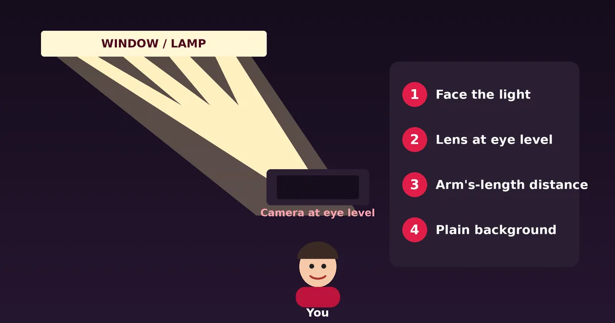 Lighting diagram showing a window in front of a person with the camera at eye level