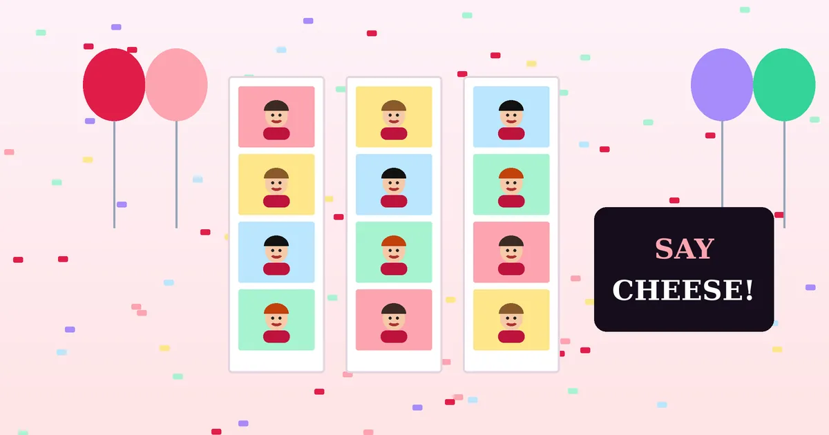 Party scene with balloons, confetti and three photobooth strips